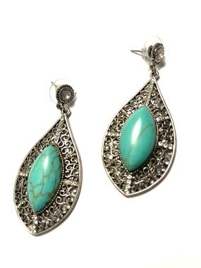 Turquoise Marquise Filigree Drop Earrings - Women Jewelry